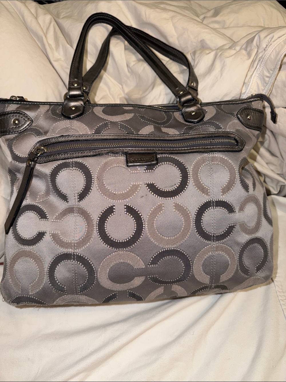 Coach Gray Signature Satchel with Leather Trim